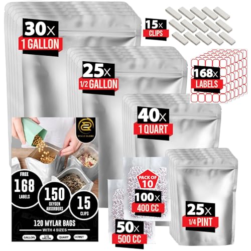 120 Mylar Bags with 150 Oxygen Absorbers-168 Labels & Stand-Up Reusable Bags- 4 Sizes Airtight Smell Proof Bags - Resealable Bags with 15 Clips-11 MIL Food Storage Bags-Large Mylar Bags