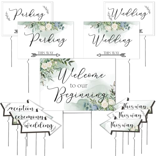 OurWarm 11 Pcs Wedding Direction Signs with Stakes, Wedding Welcome Signs Arrow Shaped Wedding This Way Directional Road Signs, Double Sided Printed Wedding Parking Sign Yard/Lawn Signs for Reception