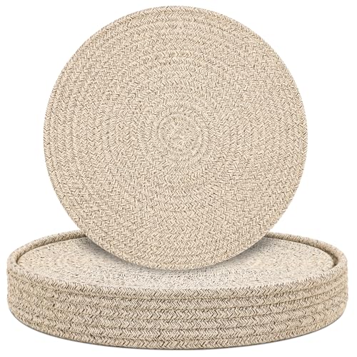 Round Placemats Set of 6 with Holder, Cotton Rope Woven Place Mats, Hot Pads for Kitchen, Heat Resistant Table Mats, 13 Inch Farmhouse Washable Braided Placemat for Kitchen Decor (Brown)