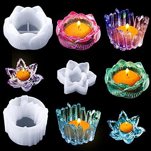 Patelai 3 Shape Resin Candle Holder Mold Silicone Tealight Holder Mold Flower Lotus Resin Casting Mold for DIY Jewelry Box Trinket Container