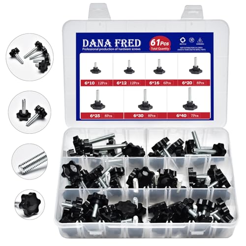 DANA FRED 61 Pieces Star Knobs Screw Kit M6 Nylon Black Plastic Replacement Star Hand Knobs with Steel Tightening Screws Standard Metric Handle Thread Stud Bolt Hardware M6x10/12/16/20/25/30/40 mm