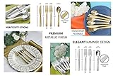 Perfect Settings 300 Pieces Gold Plastic Cutlery Set - Gold Metallic Plastic Silverware with a Hammered Finish - Tableware Set (75 Plastic Spoons, 75 Plastic Knives, 150 Plastic Forks)