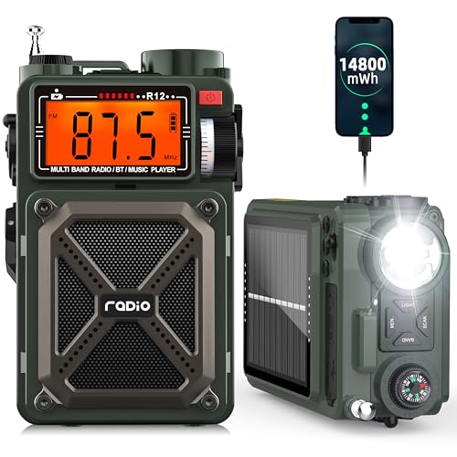 Portable Shortwave Radios with NOAA Weather Radio, Greadio 14800mWh Digital Radio AM FM with Bluetooth 5.4, Crank/Solar/USB Charging, Support USB/TF, Power Bank/SOS/Flashlight for Outdoor, Emergency