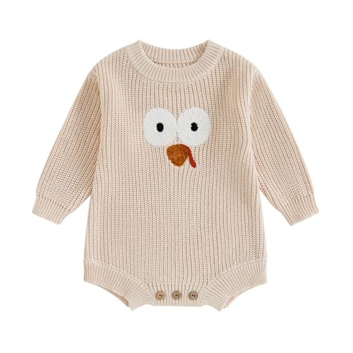 FYBITBO Thanksgiving Day Baby Girl Boy Outfit Turkey Knit Sweater Romper Pullover Sweatshirt Onesie Fall Winter Clothes (Turkey Cream,0-3 Months)