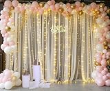 Champagne Tulle Backdrop Curtain with Lights String for Parites Wedding 10x8ft Champagne Sheer Backdrop Curtains for Bridal Baby Shower Valentine's Day Birthday Party Photo Booth Props Decorations