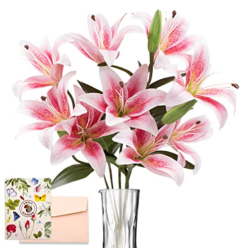 SNAIL GARDEN 12 Heads Artifical Lily Flowers, Long Stem Artificial Stargazer Lilies with 9 Heads Full Bloom Lily & 3 Buds-Faux Tiger Bouquets for Home Hotel Flower Arrangement Party Decor