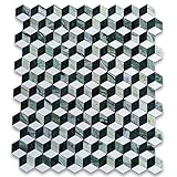 Stone Center Online Thassos White Marble 2x3 Illusion 3D Cube Rhombus Diamond Hexagon Mosaic Tile w/Green Marble Polished Kitchen Bath Wall Floor Backsplash Shower (1 Sheet)