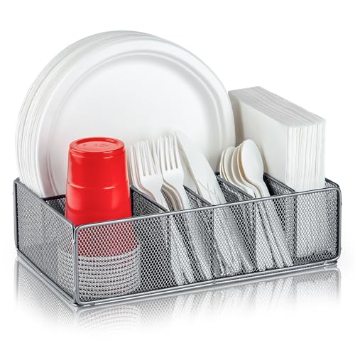 NACIMAX Paper Plate Organizer for Countertop, Metal Silverware Caddy for Cup, Fork, Spoon, Napkin, Paper Plate and Utensil Holder, Cutlery Caddy for Party, Camping, Picnic (Silver)