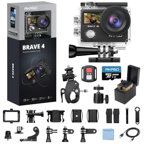 AKASO Brave 4 Action Camera 4K 30fps with 128GB MicroSDXC Card 20MP Ultra HD 131FT Waterproof Underwater Camera EIS WiFi Remote Control 5X Zoom Sport Cameras with Bicycle Accessories Kit Bundle