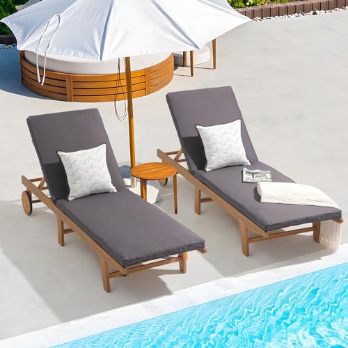 Patiorama Patio Acacia Wood Chaise Lounge Set of 2, Outdoor Folding Lounge Chair Recliner w/Adjustable Backrest, Wheels,Padded Cushion, Portable Sun Lounger Pool Chair for Deck,FSC Certified,Dark Grey