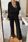 Viottiset Women's 2 Piece Outfits Casual Oversized V Neck Sweater Top Knit Wide Leg Pants Lounge Set Sweatsuit Black Large