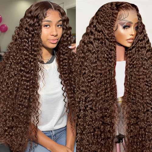 MXTQO 30 Inch Chocolate Brown Deep Wave Lace Front Wigs Human Hair 200 Density 13x6 HD Lace Frontal Wigs Curly Human Hair Brown Glueless Wig For Women Pre Plucked with Natural Hairline