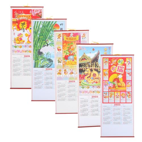 DIYEAH 5Pcs Chinese Hanging Scroll Calendar 2025 Year Of Snake Wall Calendar Snake Year Spring Festival Feng Shui Calendars Lunar New Year Monthly Calendar for Home Office
