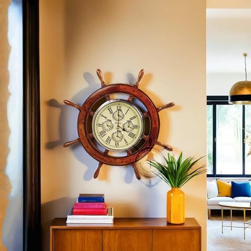 Nagina International 30" Premium Mahogany Crafted Large Nautical Ship's Wheel Times World Clock | Nautical Home Decor & Gifts (30 Inches, Rosewood)