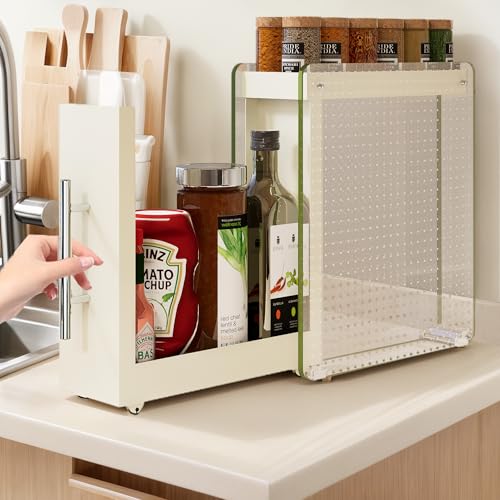 Pull Out Spice Rack Condiment Organizer for Countertop - 2-Tier Heavy duty Slide Out Seasoning Kitchen Organizer with Grease-Free Design - Suitable for Taller Bottles - Alternative to Lazy Susan