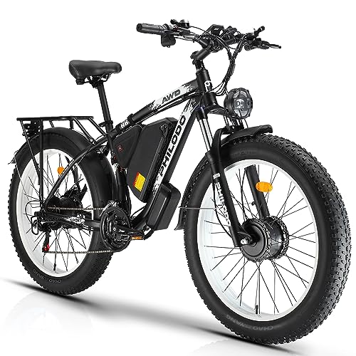 PHILODO Electric Bike for Adults, 48V 26Ah Fat Tire Ebike Dual Motor AWD 3000W Peak 35MPH Electric Bicycles 21-Speed with Ignition Lock Hydraulic Disc Brakes