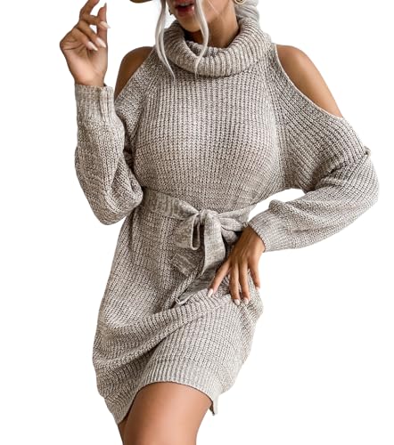 Azurehop Women Winter Dresses, Turtle Neck Ribbed Knit Sweater Dress, Wedding Guest Cocktail Party Casual Short Dress, Large, Khaki