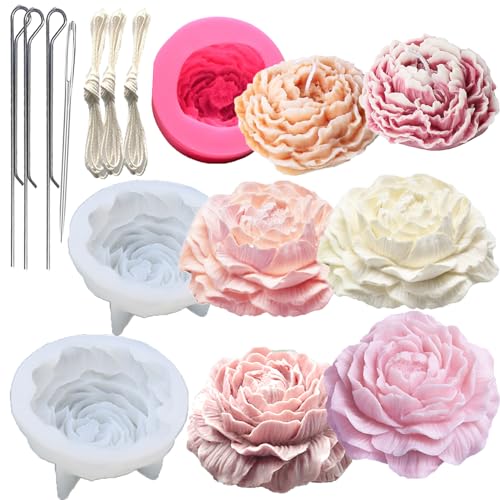 Different Sizes of Peony Flower Silicone Soap Molds 3PCS Peony Silicone Candle Mold with Large-Eye Wicking Needle,Candlewick for DIY Handmade Creative Flower Aromatherapy Plaster Resin Soap