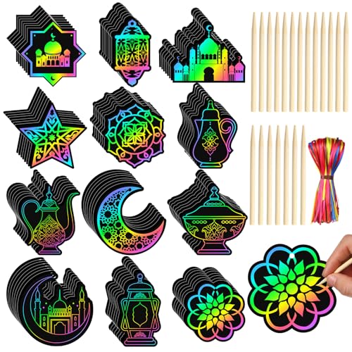 Deekin 120 Pcs Eid Scratch Paper Set Ramadan Crafts Scratch Cards Hanging Ramadan Gifts Eid Magical Party Activities DIY Art Painting Project Supplies