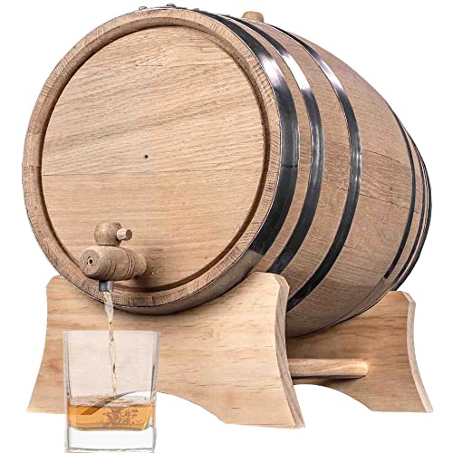 5 Gallon Oak Barrel (Distillery Series - Steel Hoops, Unvarnished) with Wood Stand, Bung & Spigot - Charred 20 Liter Bourbon Whiskey Barrel For The Home Brewer, Distiller, Wine Maker, Cocktail Aging