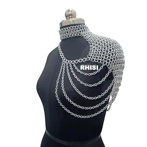 Crystal Body Chain, Chainmail One Side Shoulder Collar With Small Chain Layers, Aluminum Butted Ring Neck Piece, Medieval Cosplay Costume