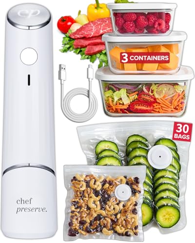 Chef Preserve Compact Vacuum Sealer for Food (Vacuum Sealer Machine + 3 Glass Vacuum Containers + 30 Reusable Vacuum Bags) Powerful Handheld Vacuum Seal Machine, Seal Meal Saver, Portable Food Sealer