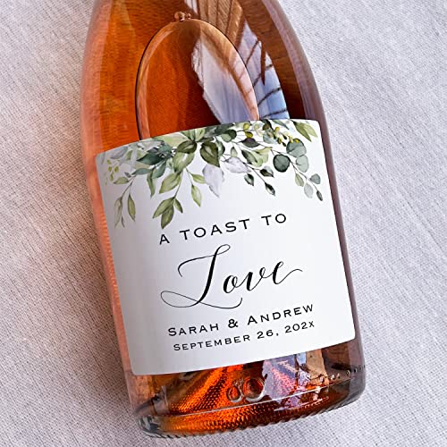 6 Custom Greenery Waterproof Champagne Bottle Labels, Personalized Wine Label Sticker for Wedding, Bridal Shower, Birthday, Graduation Party and All Events (Champagne Label - A toast to love)