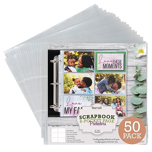 Samsill Scrapbook 6 Pocket Refill Pages 12x12 Inch, 50 Pack, Fits 3 Ring Scrapbook Binders and 12x12 Photo Albums, Holds 12 4x6 Inch Photos, Top-Loading, Heavy-Duty, Super Clear