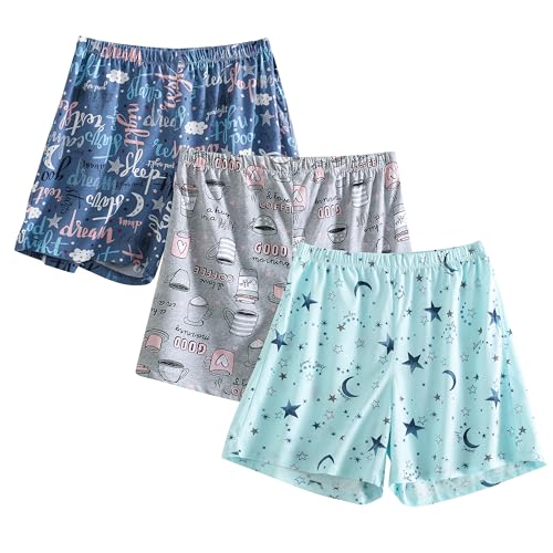 PNAEONG 3 Pack: Womens Pajamas Shorts Set Soft Elastic Waist Lounge Shorts Printed PJ Bottoms, Good Night+Coffee+Star-XL