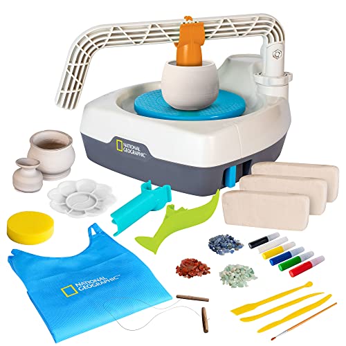 NATIONAL GEOGRAPHIC Deluxe Pottery Wheel Kit – Complete Starter Pottery Set, Plug-In Motor, 3 lbs. Air Dry Clay, Gemstone Chips, Sculpting Tools, Patented Arm Tool, Paints & More, Great Kids Craft Kit