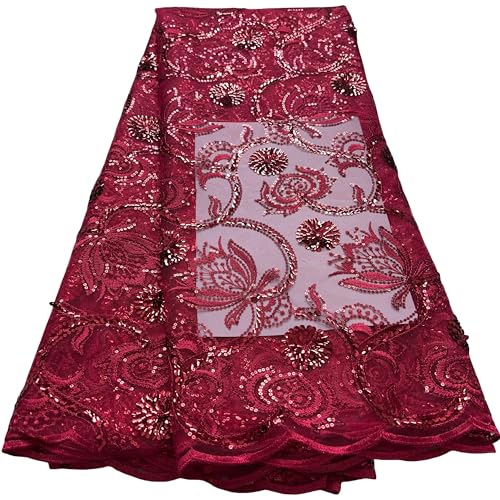 Gdsshuhung African Lace Fabric 5 Yards of Mesh Embroidered Fabric Sequins Fabric for Wedding/Party/Everyday Sewing (Red)