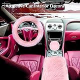 Tallew 6 Pieces Fluffy Steering Wheel Covers Winter Wool Fur Handbrake Warm Gear Steering Wheel Cover Console Seat Belt Shoulder Pads Accessories Furry Non-slip Car Decor(Long Hair,Pink)