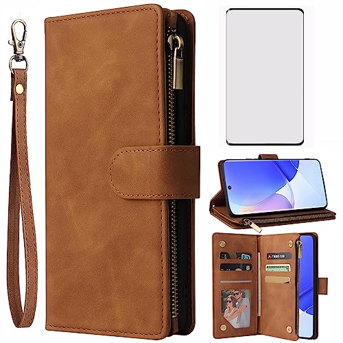 Asuwish Compatible with Honor 50 5G/Huawei Nova 9 Wallet Case Tempered Glass Screen Protector and Leather Flip Cover Card Holder Cell Accessories Phone Cases for Hawaii Nova9 Honor50 Women Men Brown