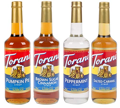 Torani Fall Winter Syrup 4 Pack, Pumpkin Pie, Peppermint, Salted Caramel & Brown Sugar Cimmanon