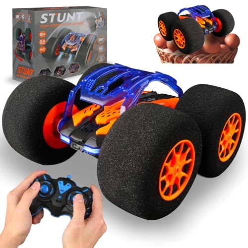 Indoor RC Car Stunt Remote Control Car Toys with Soft Wheels RC Cars for Kids Indoor Outdoor with LED headlight & Crazy Stunts 360° Flips Double Sided Vehicle 2.4GHz Remote Control for Boys Girls Gift