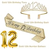 12th Birthday Decorations for Girls Gold with 12th Birthday Sash and Tiara, Candles and Cake Toppers, Number Balloons, 12 Year Old Gifts for Girl