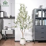 VIVATREES Olive Trees Artificial Indoor, 5FT Tall Faux Olive Tree with White Tall Planter, Artificial Plants with Natural Wood Trunk and Lifelike Fruits for Home Office Decor