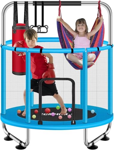 55" Trampoline for Kids with Enclosure, 440lbs Capacity Indoor & Outdoor Toddler Trampoline with Adjustable Gymnastics Bar & Toys, for Boys & Girls