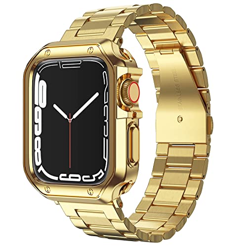Compatible with Apple Watch Band and Case, Stainless Steel Metal Chain with TPU Cover, Smart-Watch Link Bracelet Strap, Wrist-Band for i-Watch Series10, 42mm, Gold