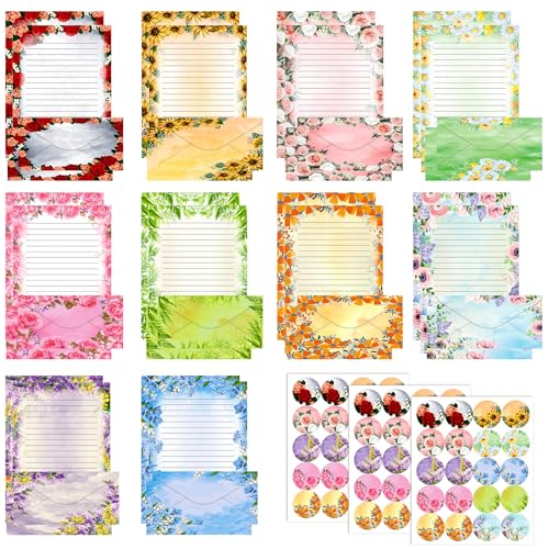 TaoBary 160 Packs Stationery Paper Set (50 Double Sided Stationery Writing Papers 50 Matching Envelopes) 60 Round Dot Sticker, 10 Design(Flower,8.5 x 11 Inch)
