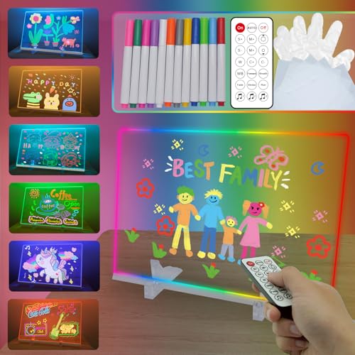 LED Note Board with Colors, Glass Led Drawing Board with 12 Colors & 320 Dynamic Effects, Light Up Drawing Board with 12 Pens, Cleaning Cloth & Gloves, 11.81’’X7.87’’