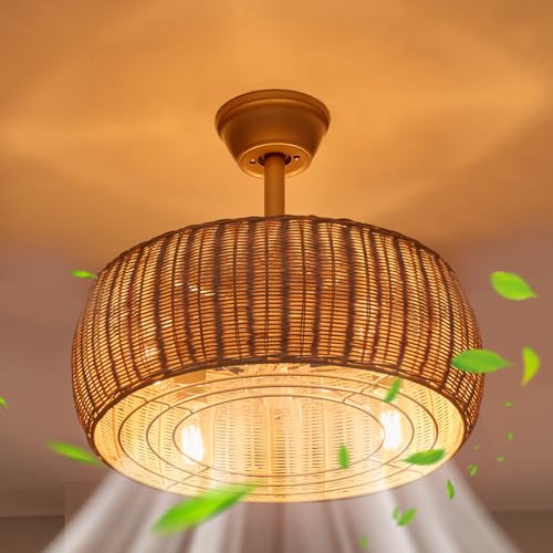 GDLT 18" Rattan Caged Ceiling Fan with Lights Remote,4-Light Gold Boho Bamboo Rattan Chandelier Ceiling Fan with Light and Reversible Motor,Wicker Chandelier Fan for Bedroom, Living Room