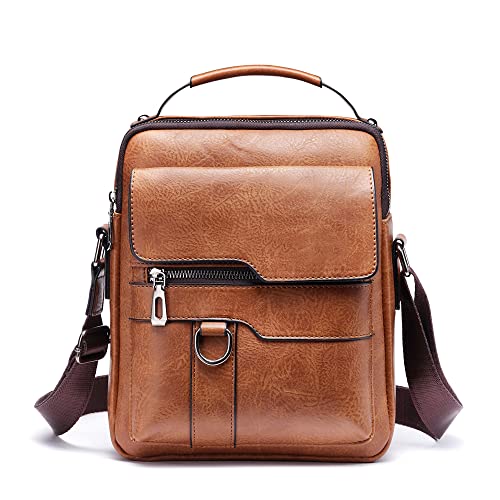 WEIXIER Small Shoulder Bag for Men Leather Crossbody Man Purse Handbag Satchel Messenger Travel Bags for iPad 9.7" Work Office Business Brown