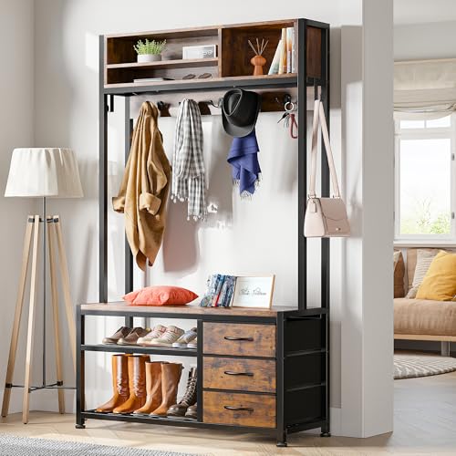 Raybee Hall Tree with Bench and Shoe Storage, Coat Rack Freestanding with 3 Fabric Drawers, Entryway Bench with Shoe Storage, Hall Tree with 12 Hooks for Hallway