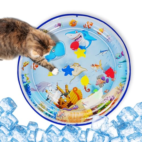 Pawfun Cat Water Mat with Thickened Cover - Leakproof Pet Water Bed for Cats & Small Dogs, Interactive Sensory Play Mat for Cats & Puppies-Round