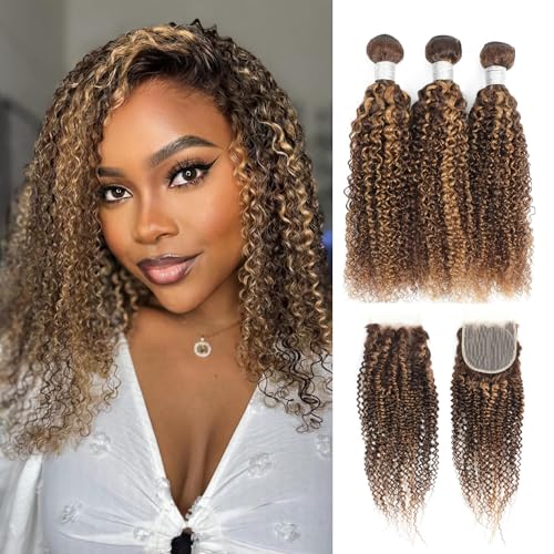 AUROO Honey Blonde Highlight Tight Kinky Curly 3 Bundles With 4x4 HD Transparent Lace Closure Human Hair, P4/27 Ombre Brown Thick Tracks 12A 100% Virgin Burmese Curly Bundles with Closure 12 14 16+ 12