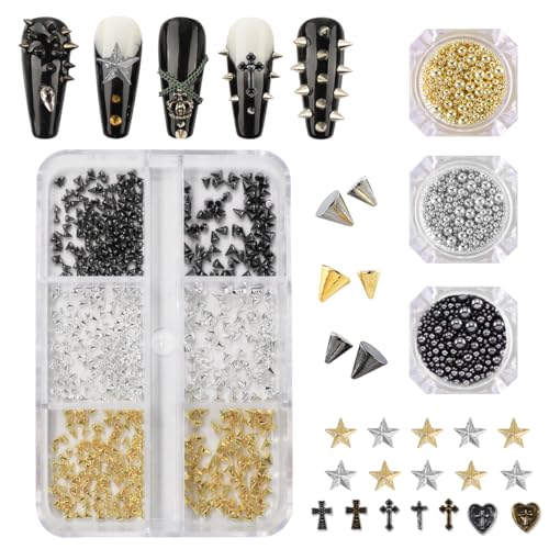 3D Mini Goth Nail Art Studs Mixed Sizes Gold Black Silver Nail Cone Spikes Alloy Rivets Jewelry Steel Balls Jewels for Women Punk Manicure Charms Accessories DIY Crafts Decorations