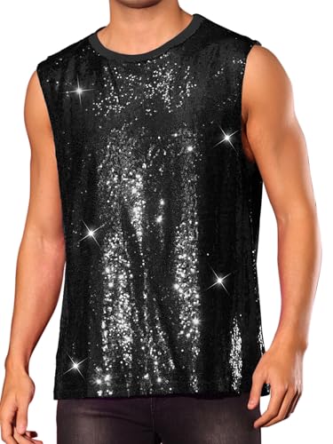 Lars Amadeus Black Sequin Tank Top for Men's Shiny Glitter Sleeveless Tee Party Disco Metallic Vest Large