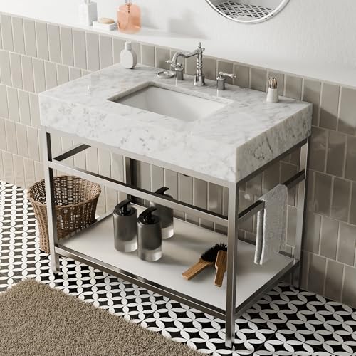 GESIPOR Bathroom Carrara Marble Vanity with Sink 36" x 21" Freestanding Console Sink with Tempered Glass Shelf Cabinet Utility Sink for Washing Room Laundry Room (Silver Legs)