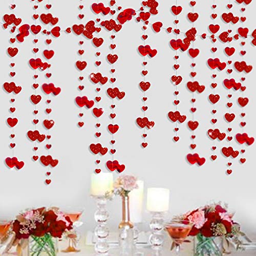 pinkblume Valentines Day Party Decoration Red Heart Garland Metallic Glitter Hanging Heart Streamer Banner for Anniversary Mother's Day Engagement Wedding Bridal Shower Bachelorette Hen Party Supplies